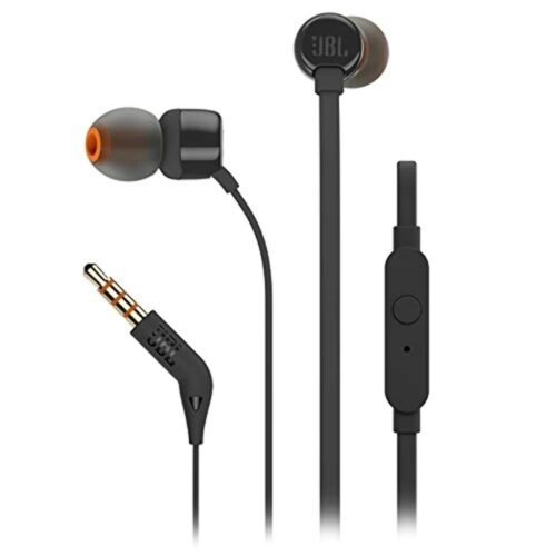 JBL Tune 110 Wired In Ear Headphones, Deep and Powerful Pure Bass Sound, 1-Button Remote/Mic, Tangle Free Flat Cable, Ultra Comfortable Fit – Black