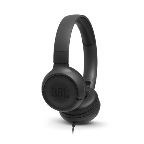 JBL Tune 500 Wired On Ear Headphones, Deep JBL Pure Bass Sound, 1 Button Remote/Mic, Lightweight and Foldable Design, Tangle-Free Flat Cable, Voice Assistant – Black