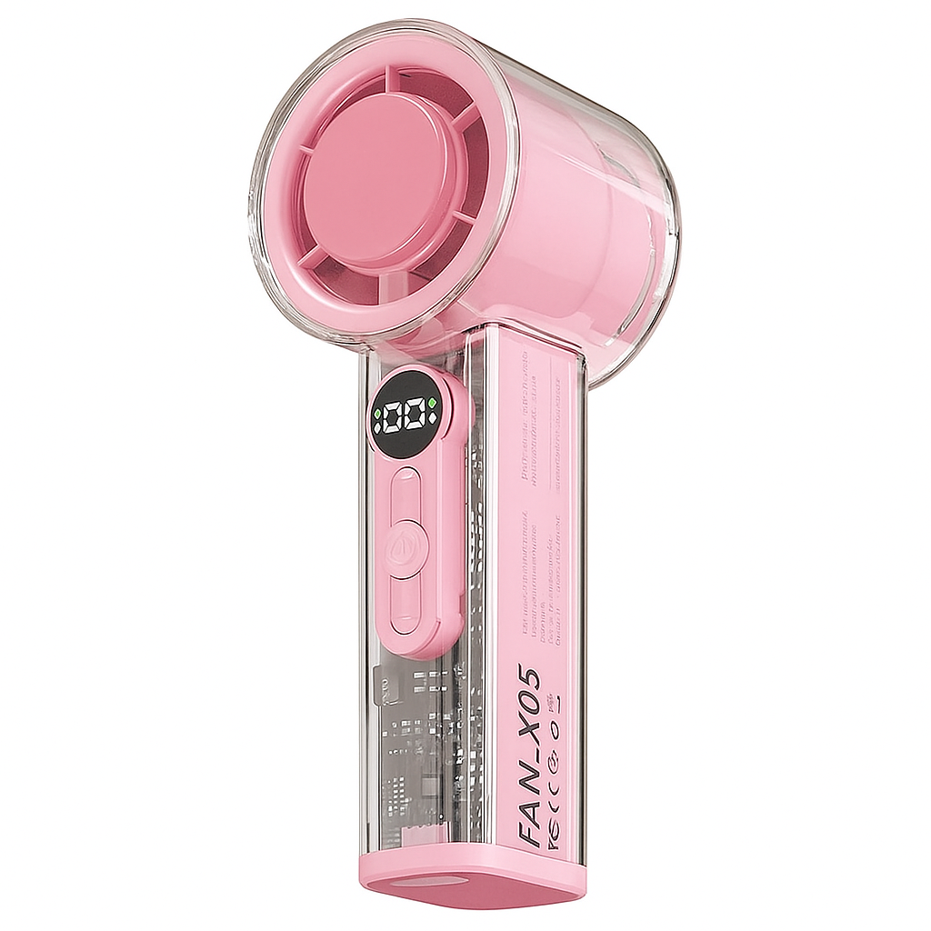 Fan X 05 High Speed Cooling Fan, Transparent Shell Design, Digital Display, Portable Handheld - Pink
