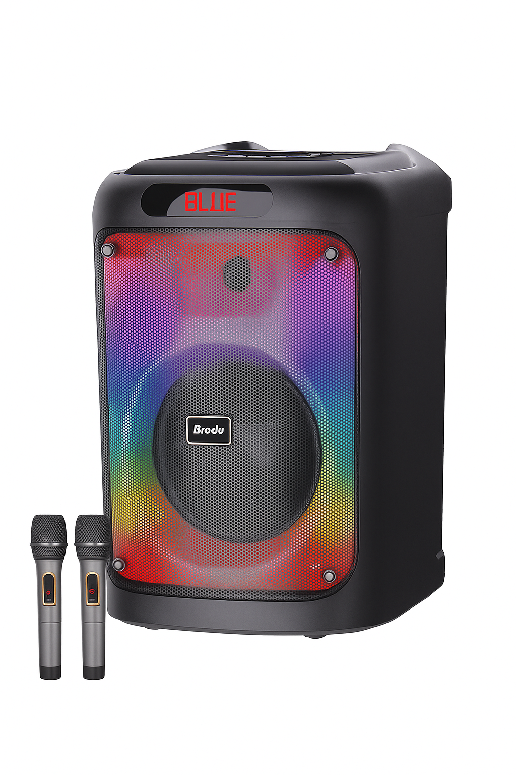 Brodu Bts 2102 Portable Professional Karaoke Bluetooth Speaker With 2 Wireless Mic& Led Display & Rgb Light / Guitar Input / Aux / Mic In Jack / Usb & SD Card Slot  - Black