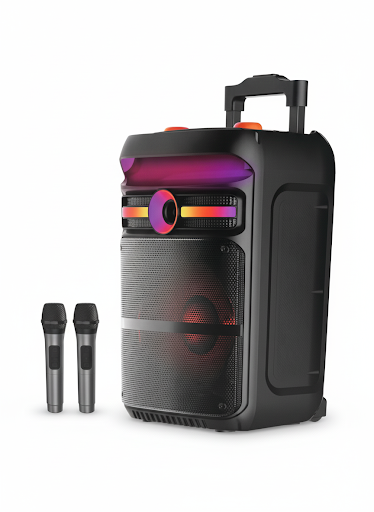 Jbk 12101 Portable Bluetooth Speaker With 2 Wireless Mic /  3000 mah Battery Capacity / Memory Card / Aux / USB / Volume Controller / Mic Volume Controller / Carry Handle / Carry Wheels / Led Light - Black