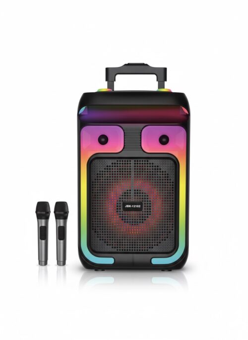 Jbk 12102 Portable Bluetooth Speaker With 2 Wireless Mic /  3000 mah Battery Capacity / Memory Card / Aux / USB / Volume Controller / Mic Volume Controller / Carry Handle / Carry Wheels / Led Light - Black