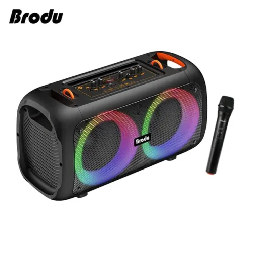 Brodu BTS - 1709 Portable Bluetooth Speaker With One Wireless Mic With Rgb Lights And Carry Handle / Carry Belt / Usb / SD Card / Aux / Fm / Wired Mic Supporting - Black