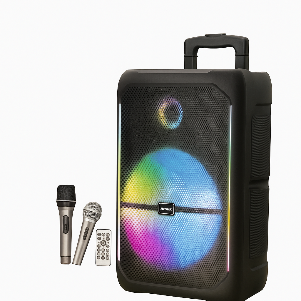 Brodu Bts 1808  Professional Karaoke Portable Bluetooth Speaker With  Trolley 12 Inch  With 2 Mic/ 1 Wireless Mic 1 Wired Mic & Remote / RGB Light  / Aux / Mic In Jack / Usb & SD Card Slot / Carry Handle / Carry Wheels - Black