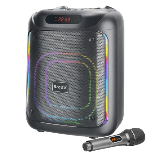 Brodu Bts 2287 Portable Professional Karaoke Bluetooth Speaker With 1 Wireless Mic & Led Display & RGB Light / Aux / Mic In Jack / Usb & SD Card Slot / Carry Handle - Black