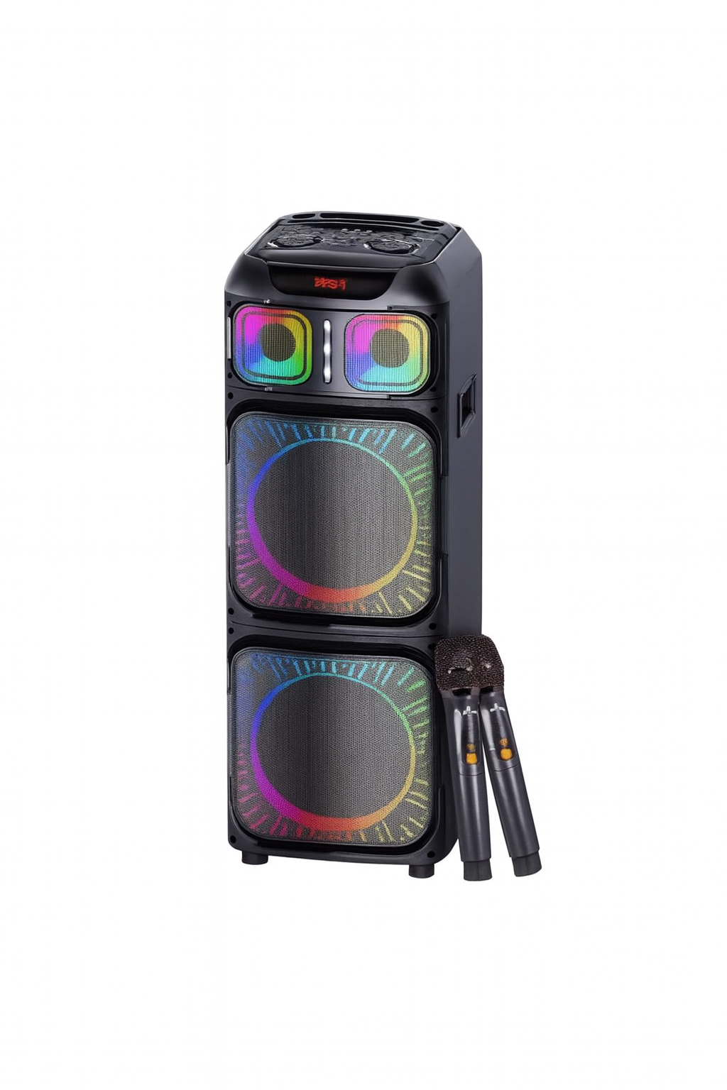 Brodu Bts 2172 Portable Professional Karaoke Bluetooth Speaker With 2 Wireless Mic & Led Display & RGB Light / Aux / 2 Mic In Jack & 1 Guitar jack / Usb & SD Card & Aux Slot / Carry Handle And Carry Wheels - Black