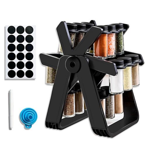 Rotating Spice Rack Organizer with 18 Glass Spice Jars, Revolving Spice Rack Set, 360° Degree Rotating Ferris Wheel Spice Rack, Removable Spice Rack - Black