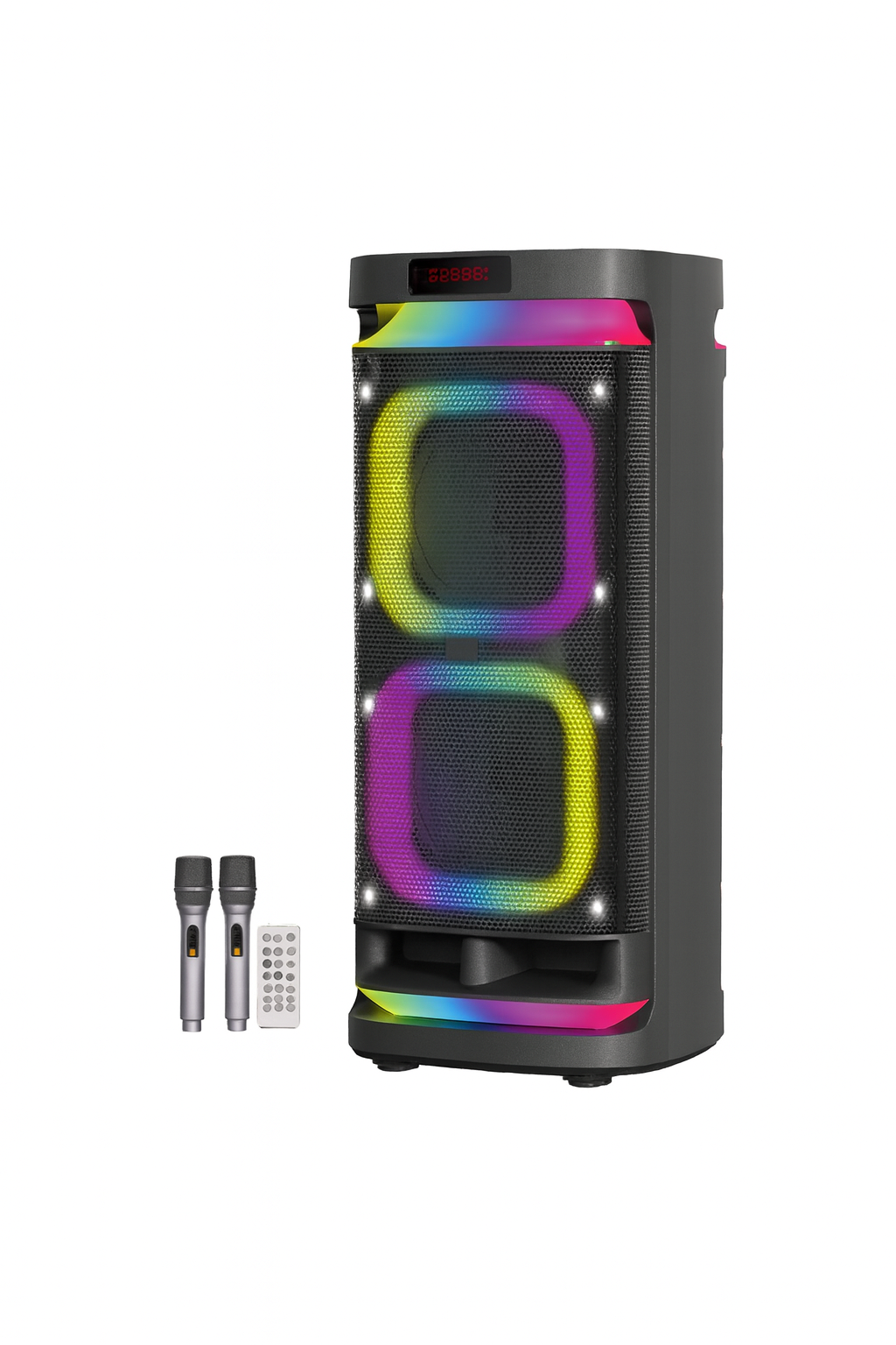 KBroad KTS - 1991,  10 Inch Professional Karaoke Speaker D.S.P Function And RGB LIght 2 Wireless Mic And Remote And Carry Wheel And Carry Handle - Black