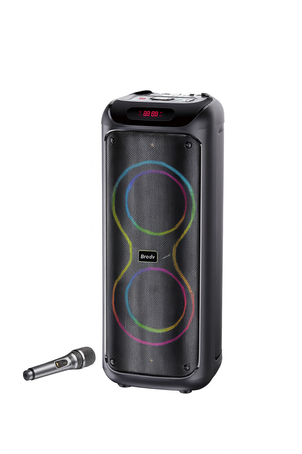 Brodu Bts - 2259 Dual 6.5 Inch Woofer Portable Party Bluetooth Speaker 55 w With 1 Wireless Mic With RGB Light / Display / Usb & SD Card & Aux &  Mic Slot & / With Carry Handle - Black