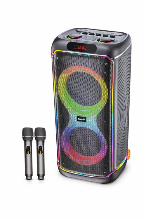 Brodu Bts - 2368 , Dual 8 Inch Woofer Party Portable Bluetooth Speaker 75 w With 2 Wireless Mic With RGB Light With Display / Usb & Aux & SD Card & 2 Mic Slot & Guitar Slot / With Carry Handle And Carry Wheels - Black
