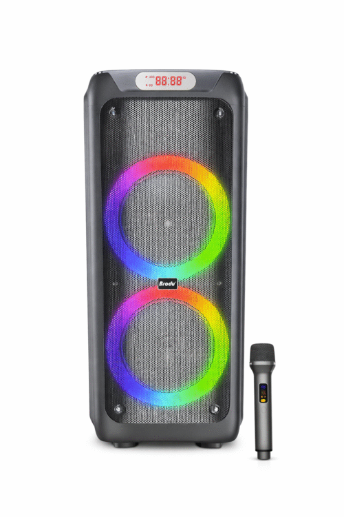 Brodu Bts - 2175 , Dual 10  Inch  Party Portable Bluetooth Speaker 75 w With 1 Wireless Mic With RGB Light / Display / Usb & SD Card & 2 Mic Slot & Aux & Guitar Slot / With Carry Handle And Carry Wheels - Black