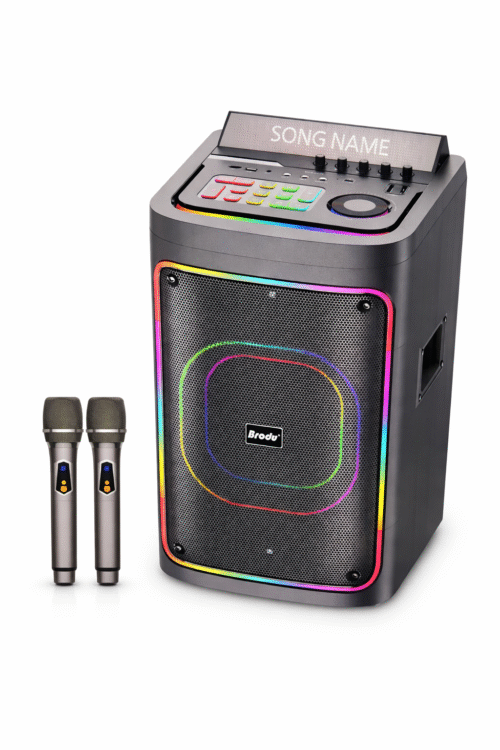 Brodu Bts - 2239 , 8 Inch Portable Bluetooth Speaker 45 w With 2 Wireless Mic With RGB Light With Display / Usb & SD Card & Aux & 2 Mic Slot & Guitar Slot / With Carry Handle  - Black