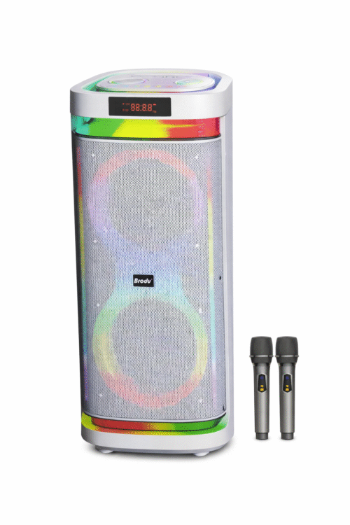 Brodu Bts - 2407 -  Dual 8 Inch  Party Portable Woofer Bluetooth Speaker 75 w With 2 Wireless Mic With RGB Light / Display / Usb & Aux & SD Card & Mic Slot & Guitar Slot / With Carry Handle - White
