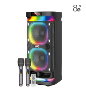 Brodu Bts - 1990 Dual 8 Inch Party Portable Bluetooth Speaker 55 w With 2 Wireless Mic With 360° RGB Light / Display / Usb & SD Card & Aux & 2  Mic Slot & Guitar Slot / With Carry Handle And Carry Wheel - Black