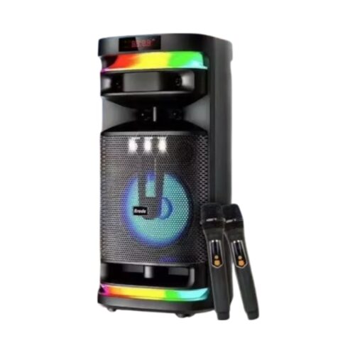 Brodu Bts - 2252  12 Inch Woofer 2.1  Portable Party Bluetooth Speaker 90 w With 2 Wireless Mic With 360° RGB Light / Display / Usb & SD Card & Aux & 2 Mic Slot & Guitar Slot / With Carry Handle And Carry Wheel - Black