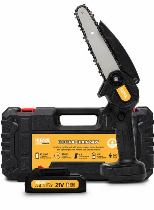 DENX DX-2594 Lightweight Cordless Chainsaw with Rechargeable Lithium Battery, One-Hand Operation, Electric Wood Cutter 500W Motor 2400 RPM, Portable Outdoor Tool for Branches & Logs - Black