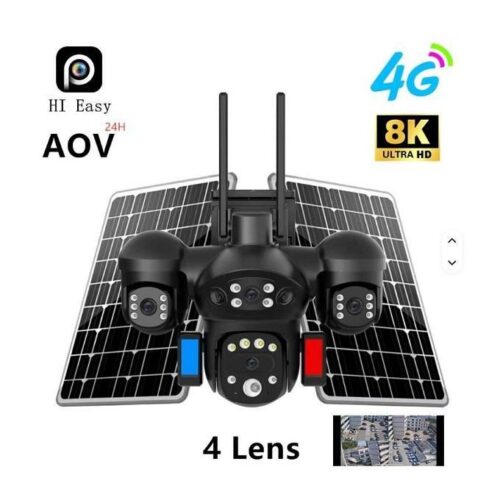 AOV Real 4Lens 360 Camera IP66 Wireless PTZ 4G Solar Security Camera with Two-way Audio Night Vision / Sim card- Black