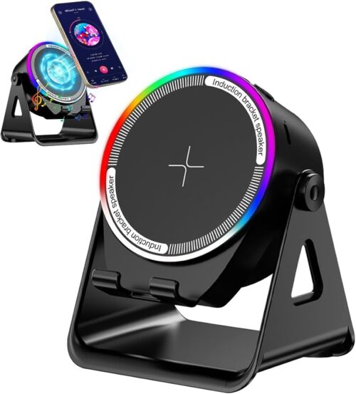 Bluetooth Speaker, 4-in-1 Wireless Induction Speaker & RGB Light Stand Multi-Functional Phone Stand Instant-Connect Stereo Sound, 360° Adjustable Holder for iPhone/Android/iPad/Samsung
