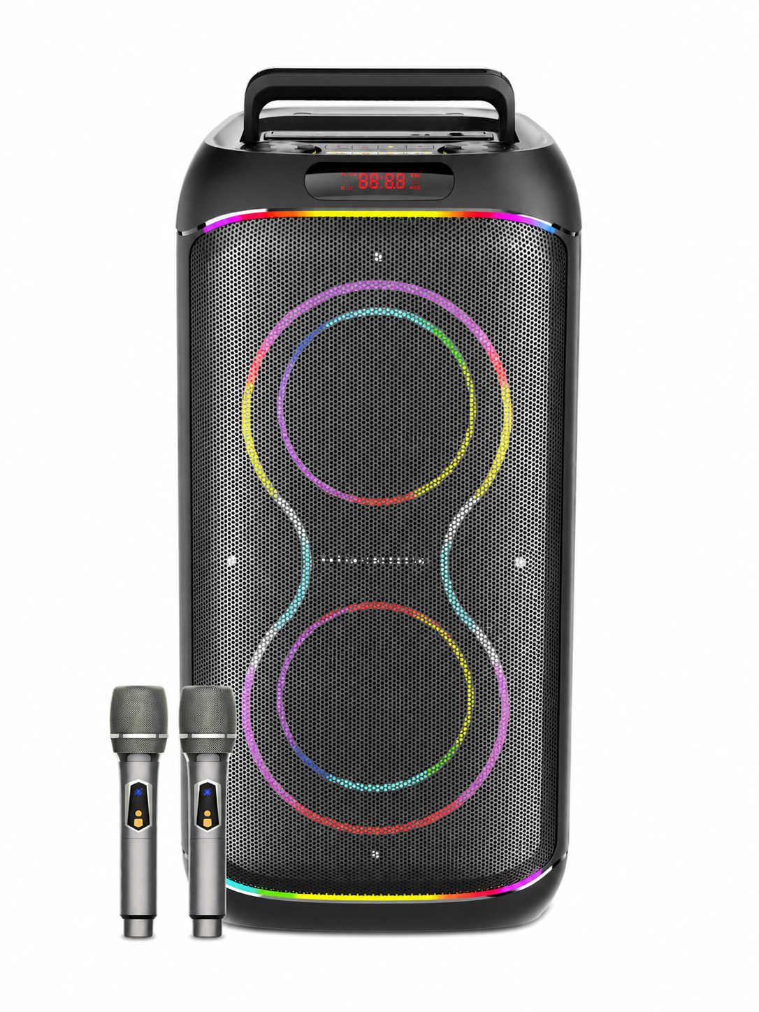 Brodu Bts 2255 Bluetooth Speaker Portable Professional Karaoke With 2 Wireless Mic & Led Display & RGB Light / Guitar Input / Aux / Mic In Jack / Usb & SD Card Slot / Carry Handle / Black - Free Delivery